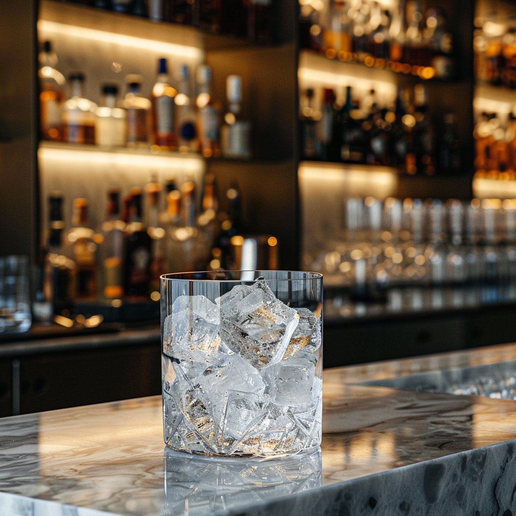A rocks glass with crystal clear glass in it on top of a bar.